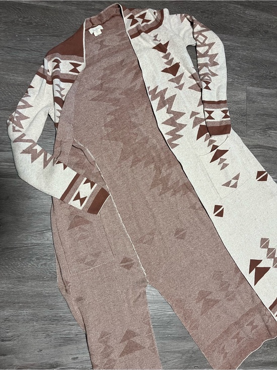 Sweaters - Tribal Aztec Long Open Cardigan - Brown & Cream
